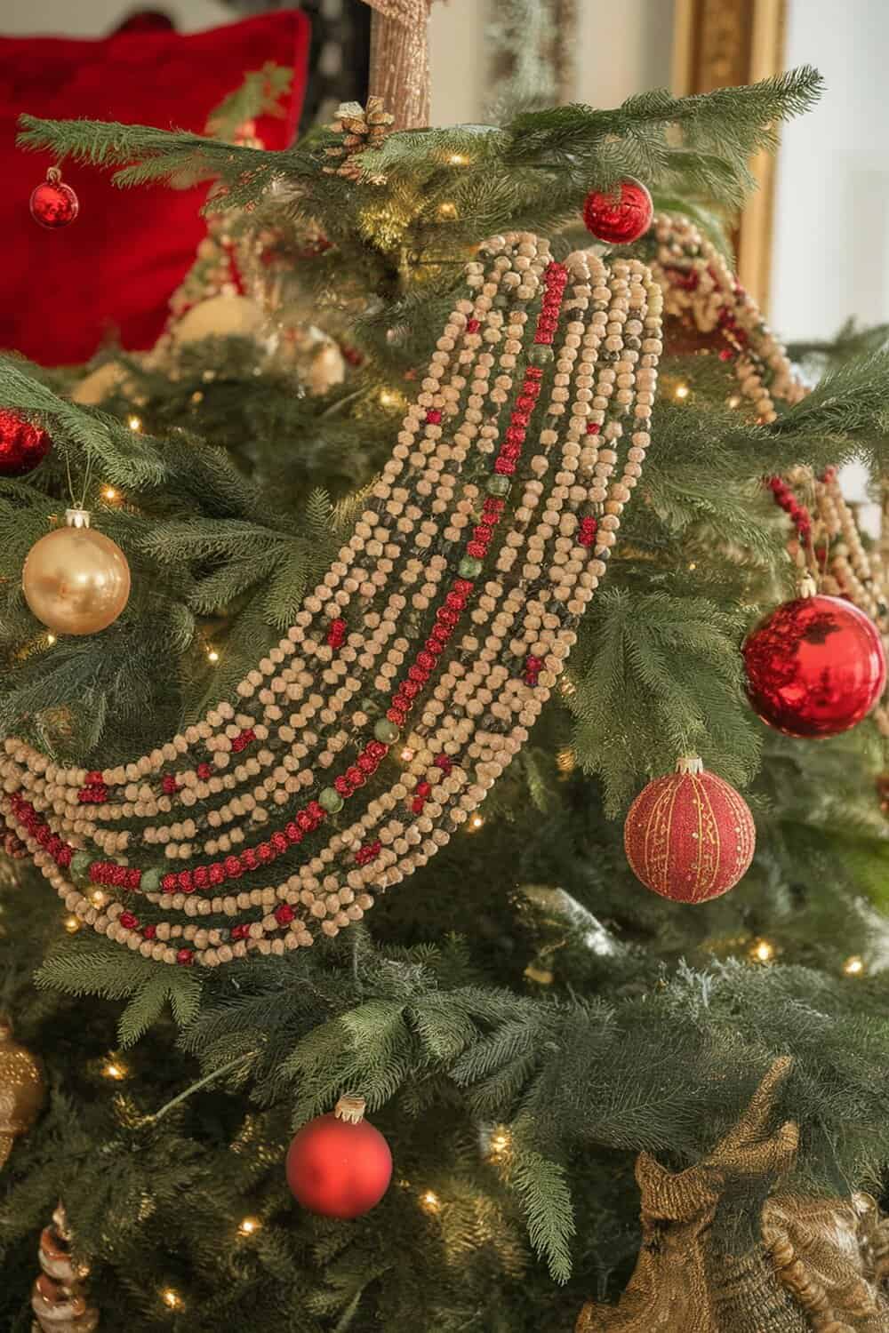 A beautifully decorated Christmas tree with beaded garland and ornaments.