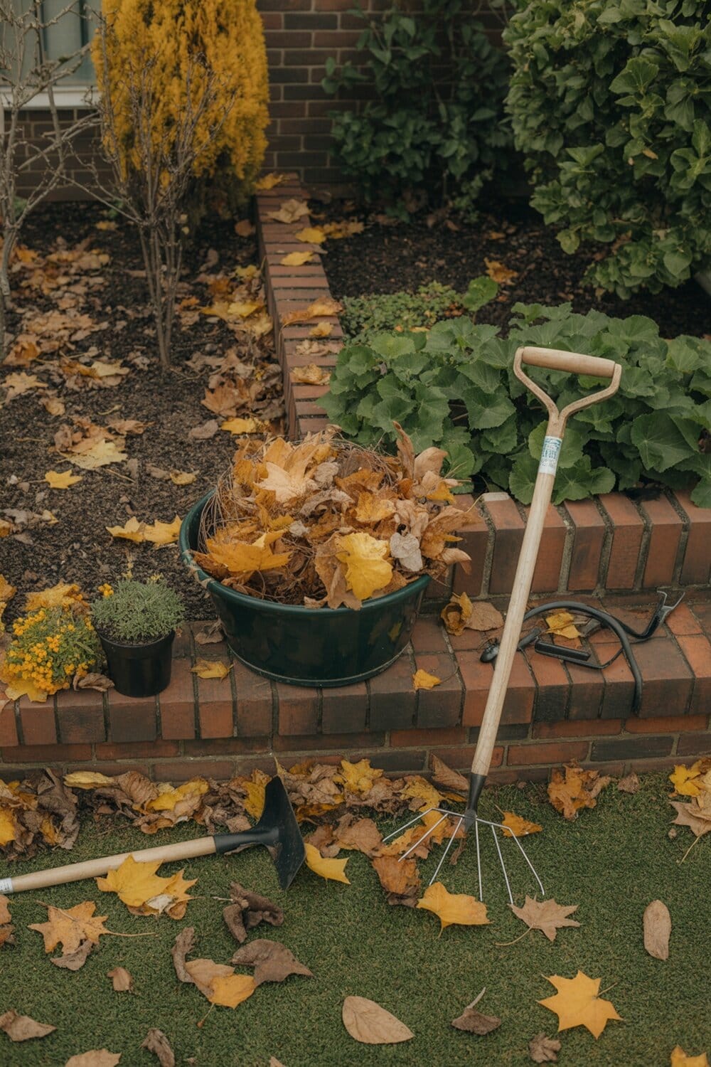 A garden area with fallen leaves, a rake, and a pot of flowers, ready for fall cleaning.