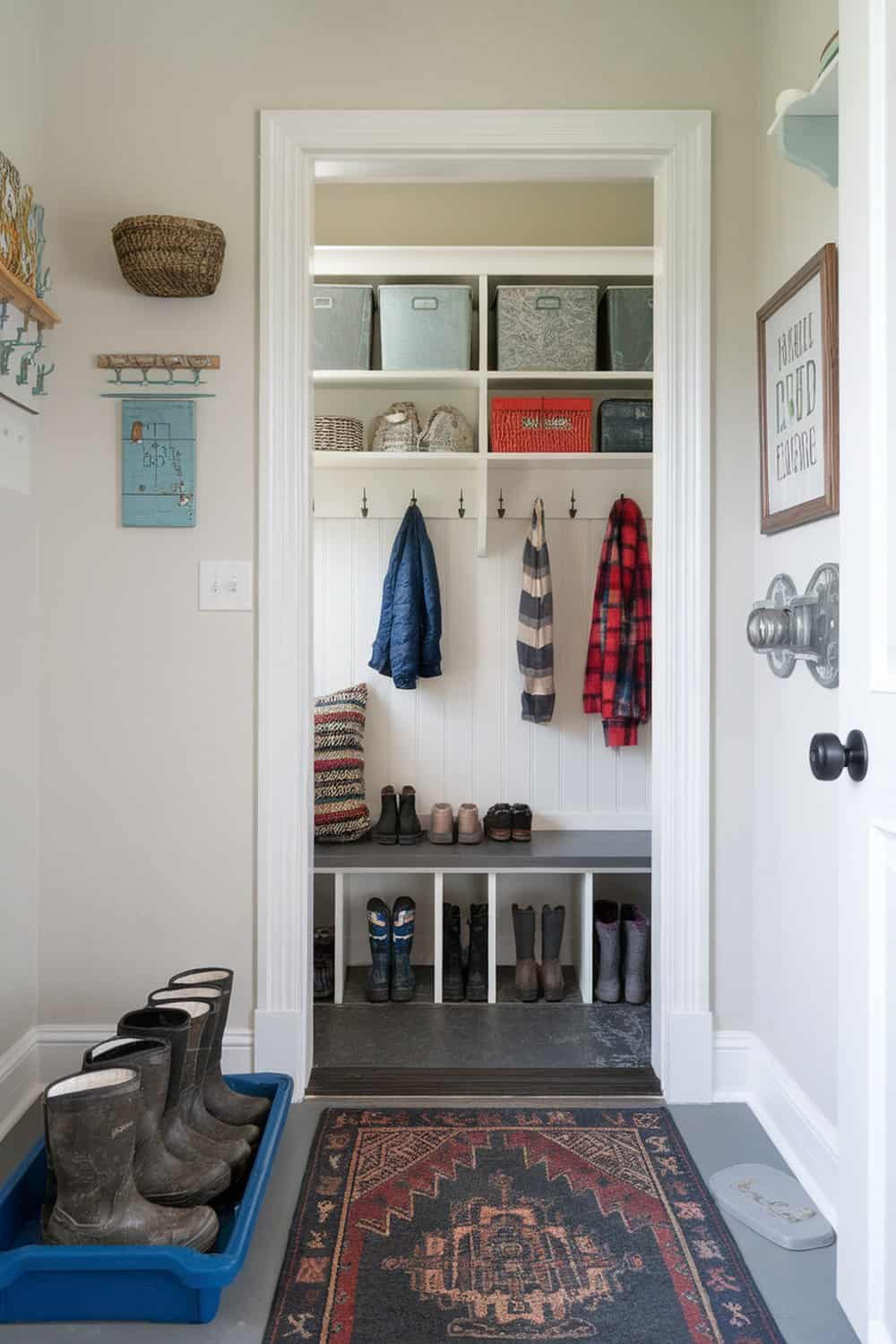 A mudroom with a blue boot tray holding muddy boots, organized shelves, and hooks for coats.