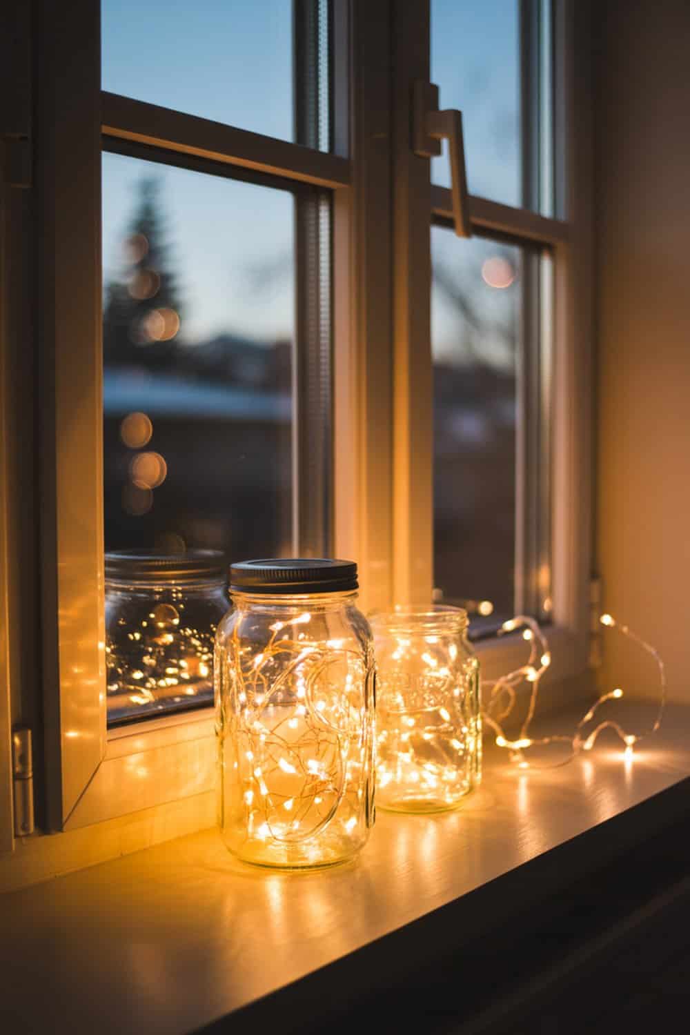 Jars filled with fairy lights on a windowsill, creating a cozy Christmas atmosphere.