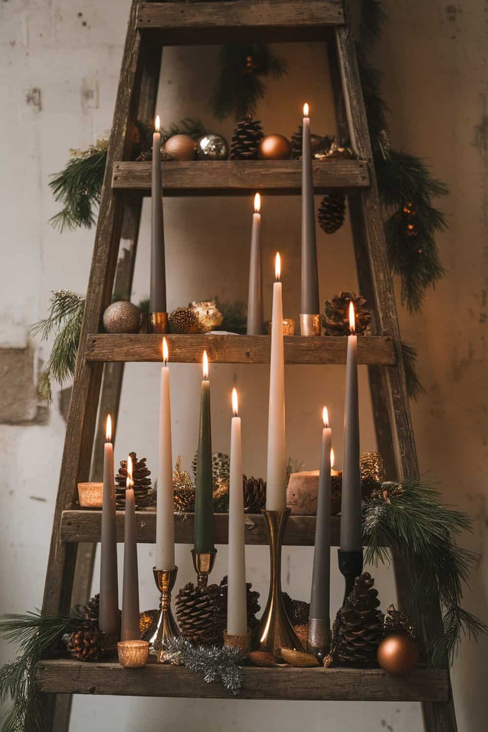 A wooden ladder shelf decorated with various candles, pinecones, and ornaments, creating a warm and festive atmosphere.
