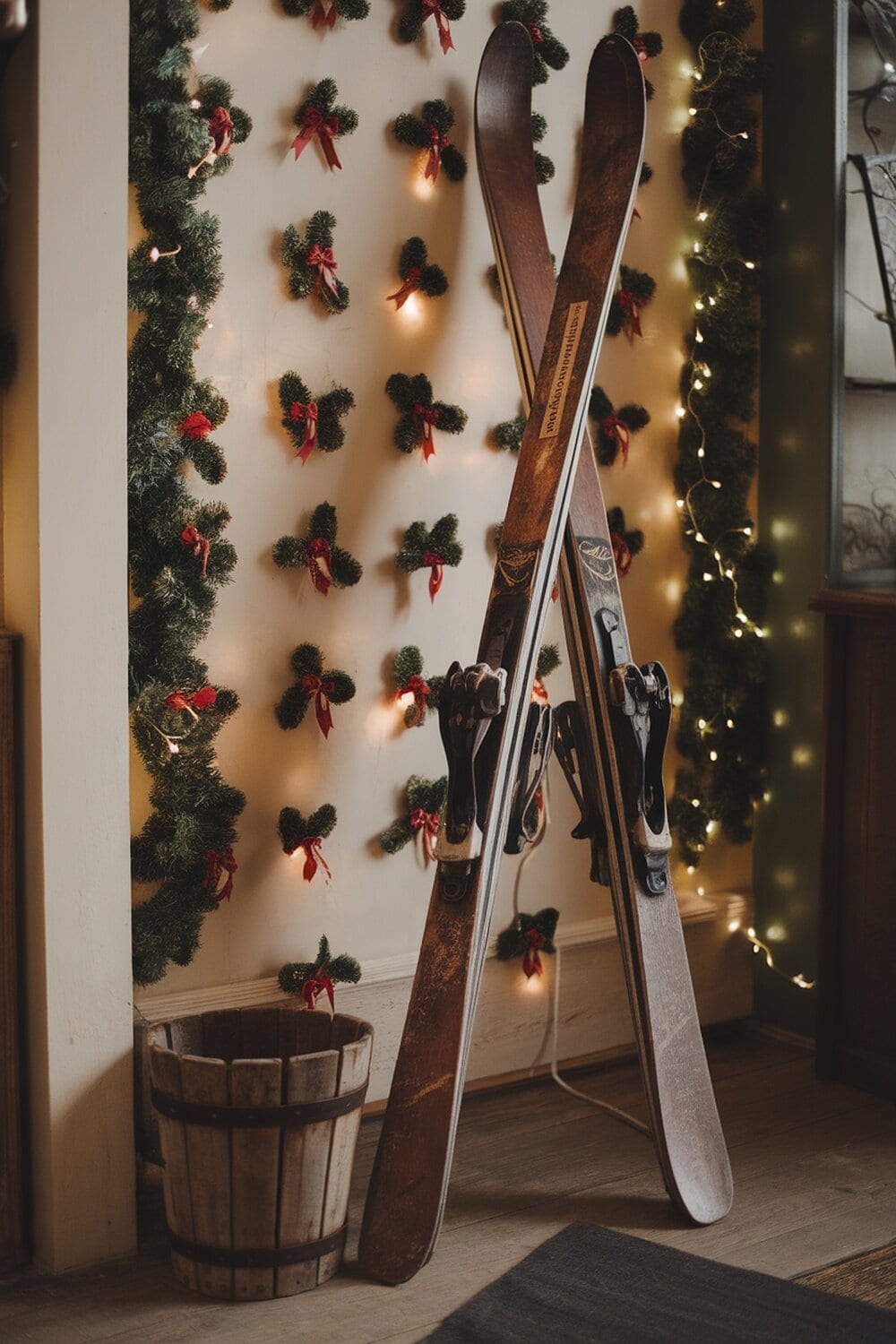 Vintage skis leaning against a wall, decorated with Christmas garlands and lights.