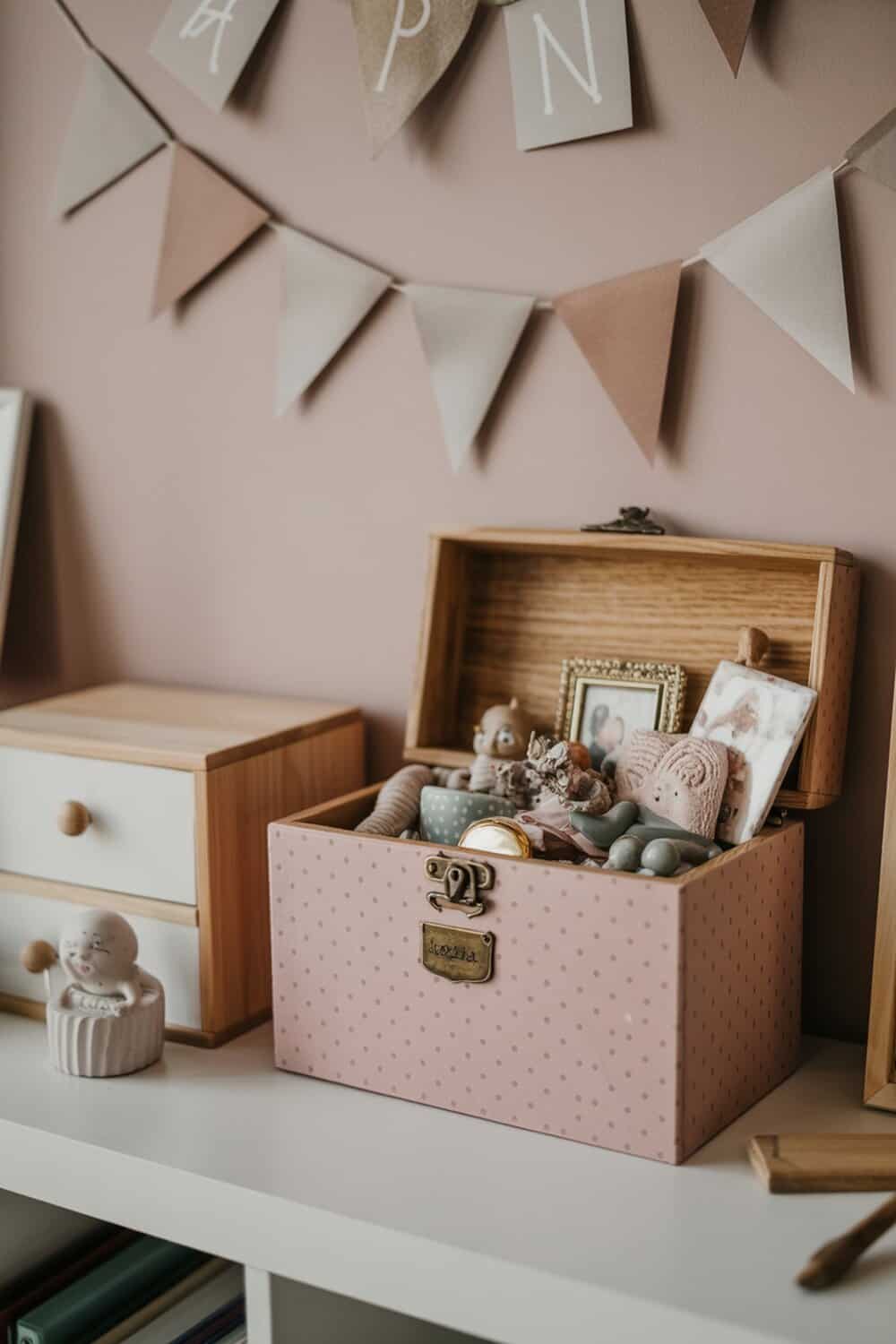A pink treasure box filled with special items and memories, sitting on a shelf.