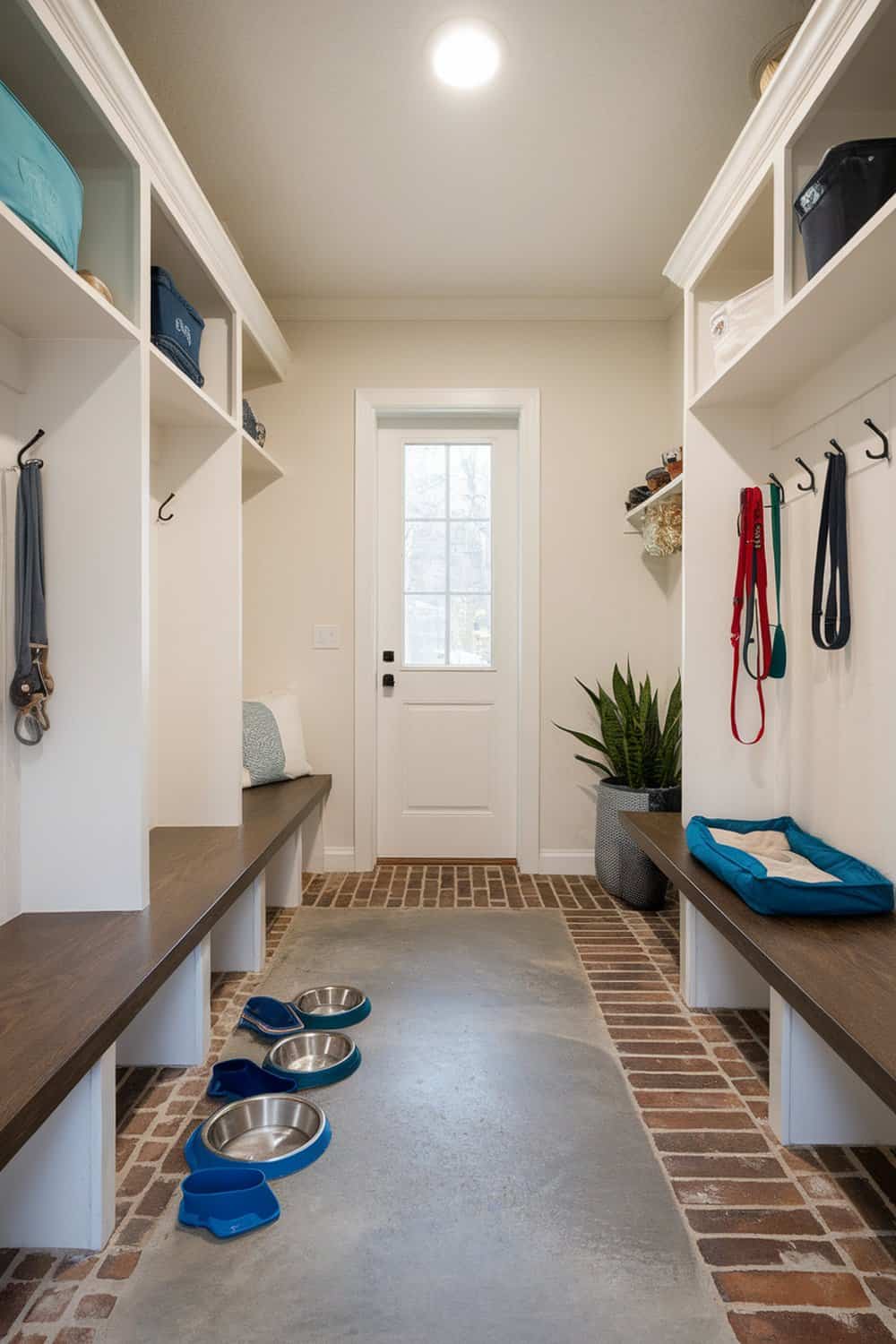 A clean mudroom with organized pet accessories including leashes, bowls, and a cozy pet bed.