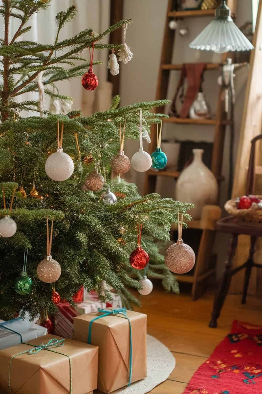 A beautifully decorated Christmas tree with various glitter ornaments hanging from its branches.