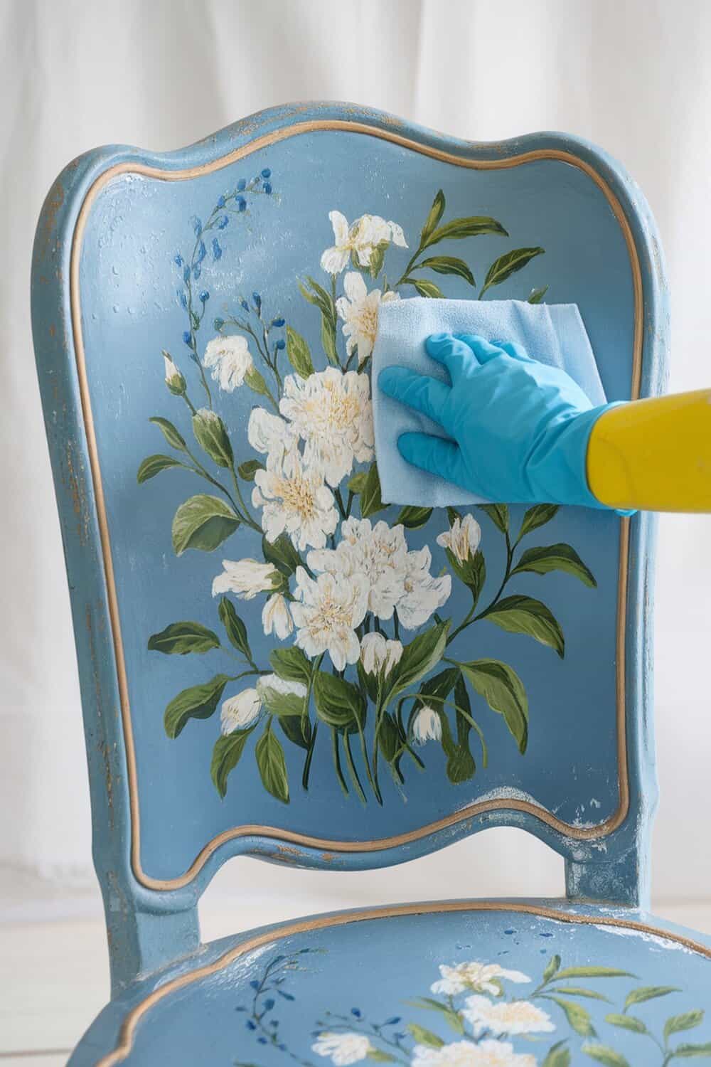 A person cleaning a painted chair with floral design using a blue cloth.