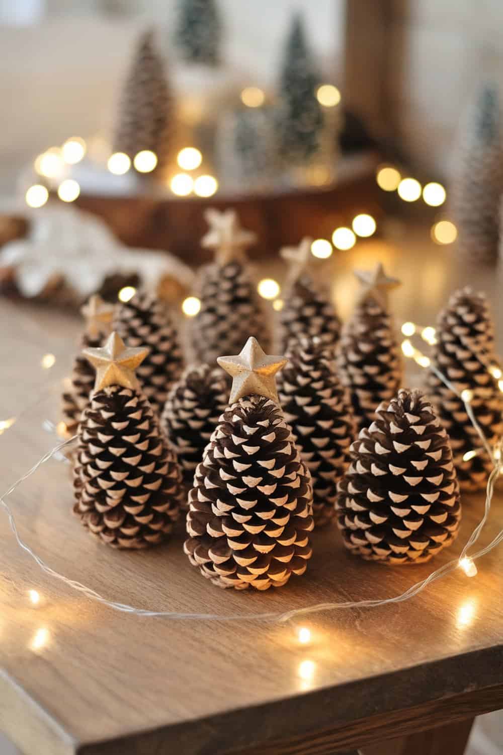 A collection of small pinecone Christmas trees with golden stars on top, surrounded by fairy lights.