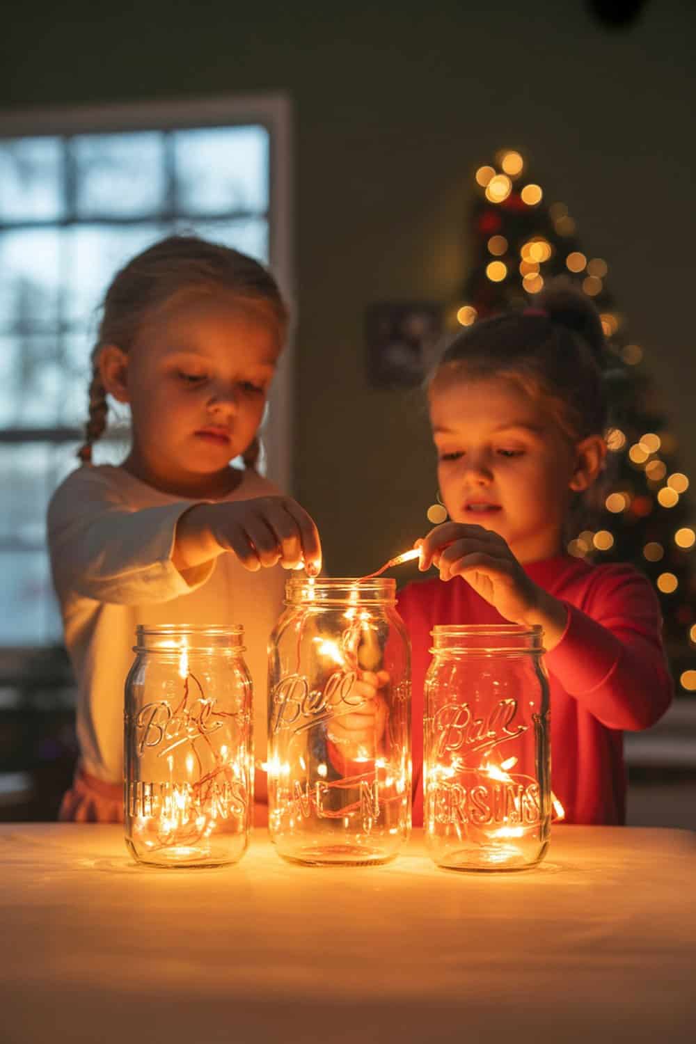 Two children placing lights into mason jars for Christmas decoration.