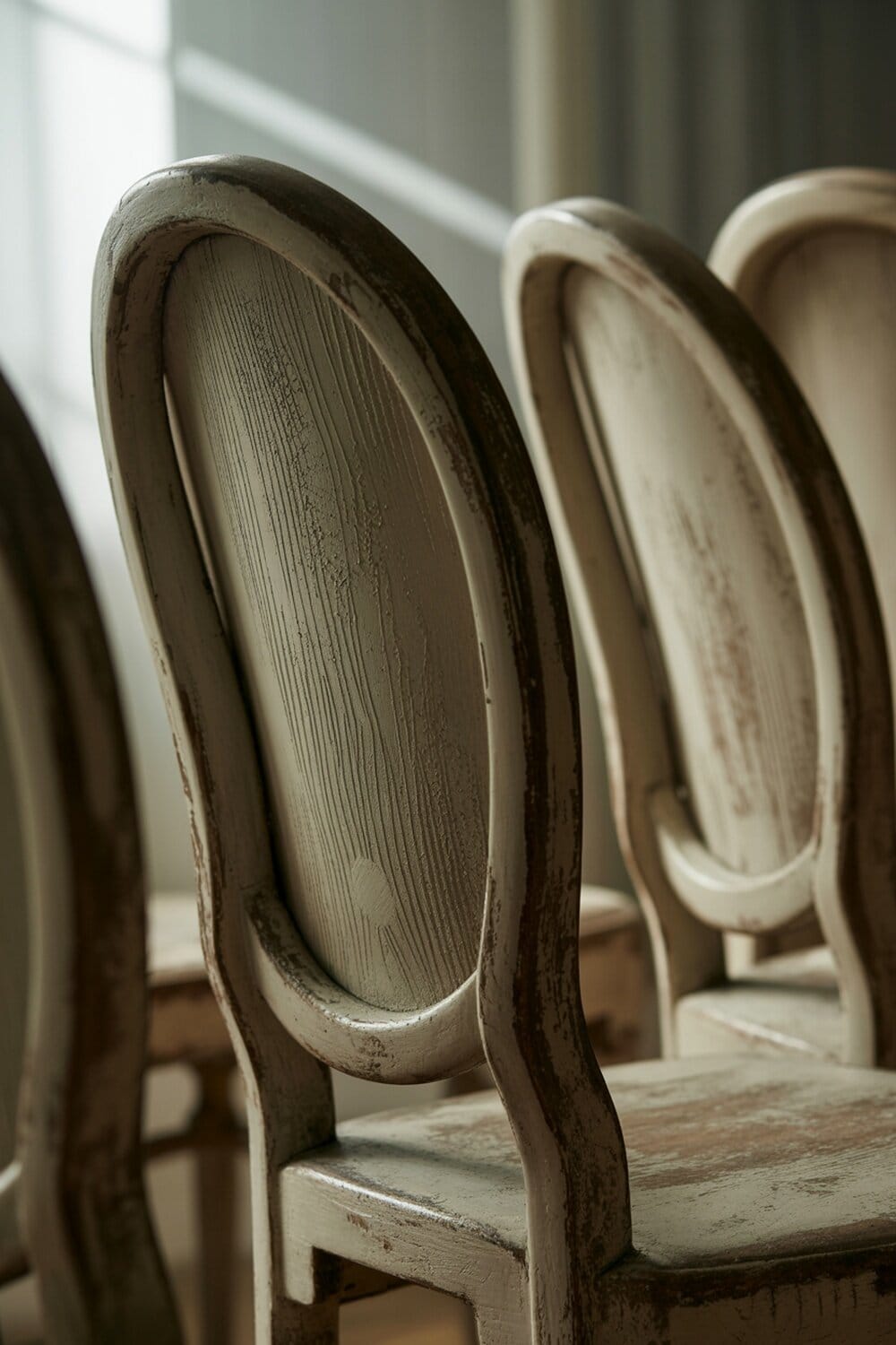 Close-up of the backs of wooden chairs with a rustic finish.