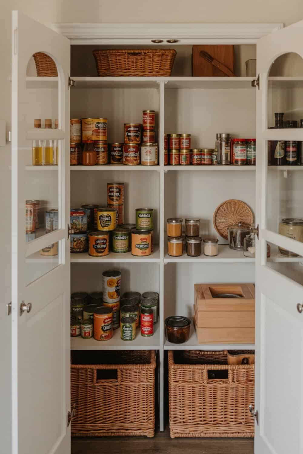 A neatly organized pantry with various canned goods and spices on shelves.