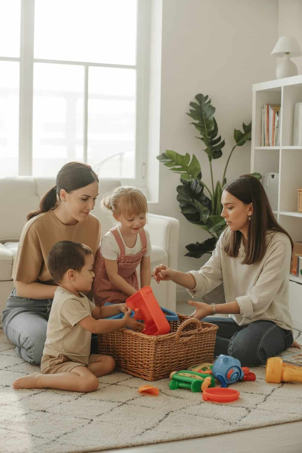 A group of children and adults engaging in a fun decluttering activity with toys.