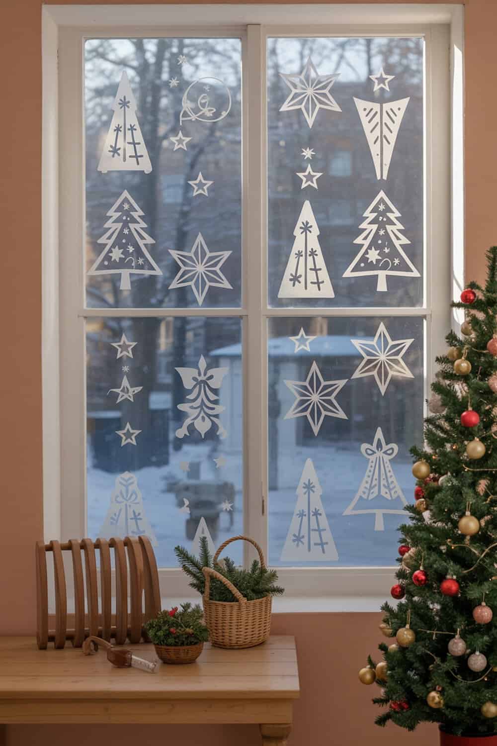 Window decorated with Christmas themed stencils including trees, stars, and snowflakes.