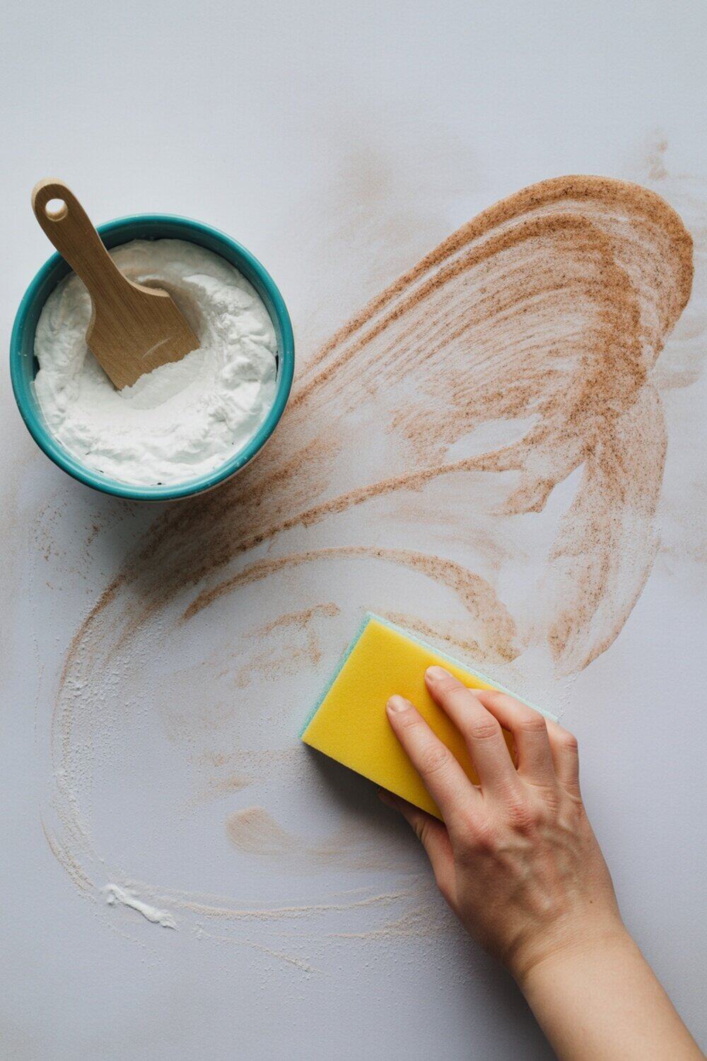 A hand applying baking soda paste to a surface with a sponge.
