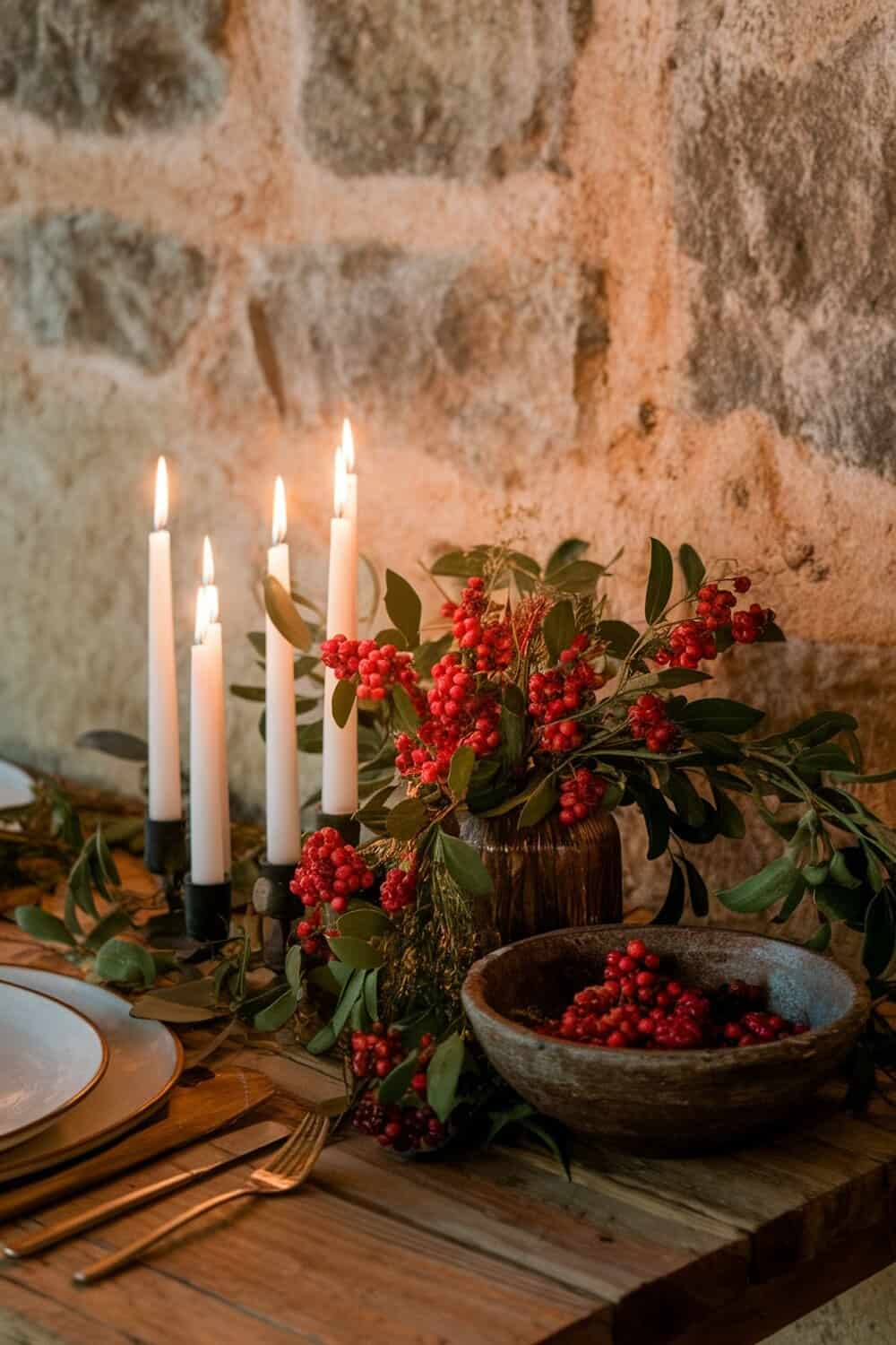 A beautifully decorated Christmas table with white candles, greenery, and red berries.