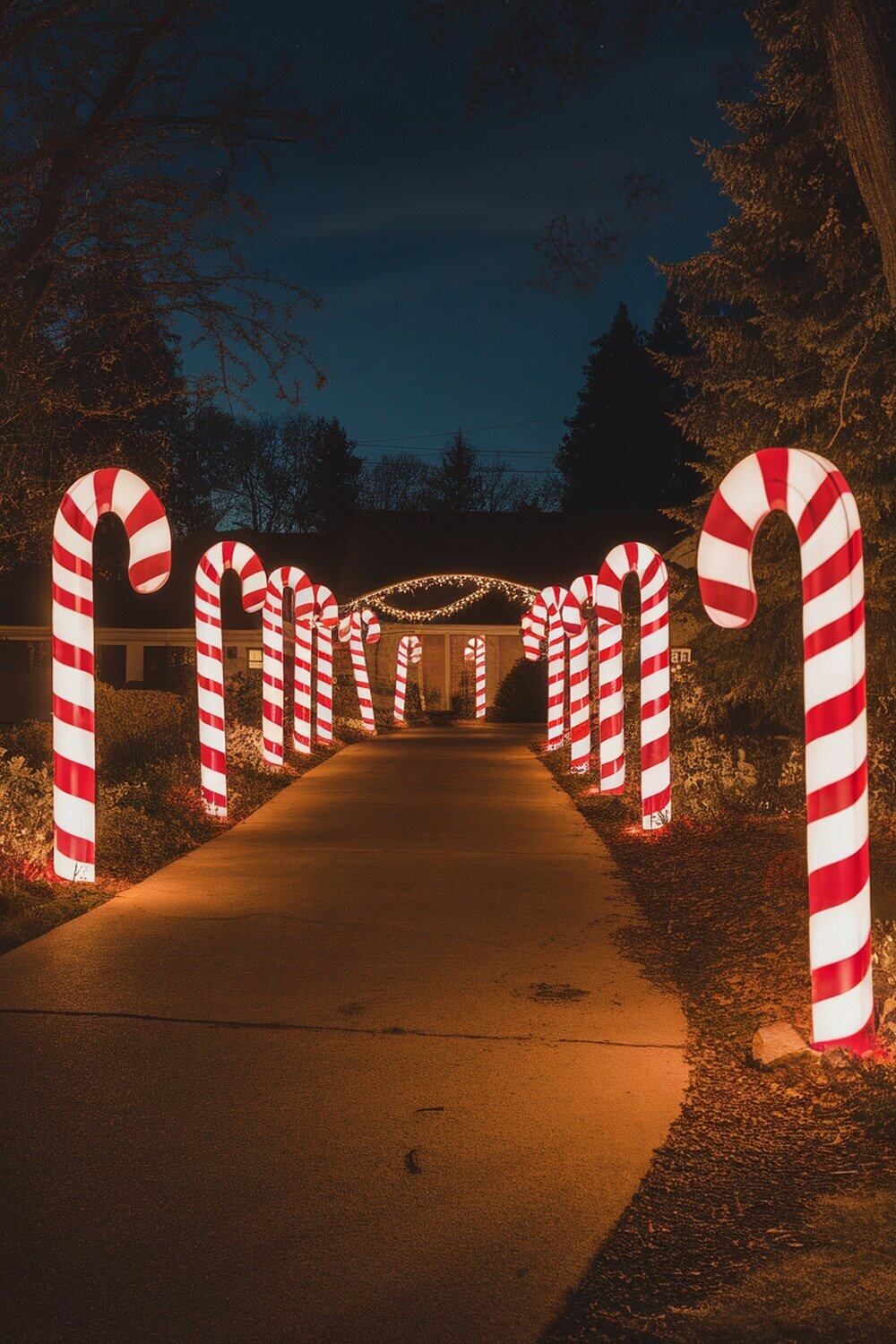 A pathway lined with illuminated candy cane decorations during the night.