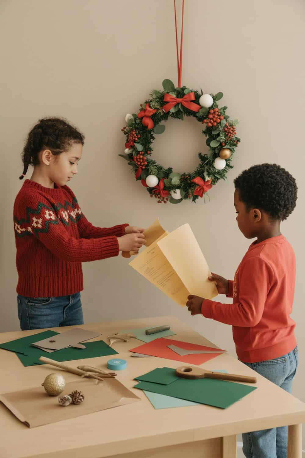 Two children working on DIY Christmas wreath decorations with a wreath hanging on the wall.