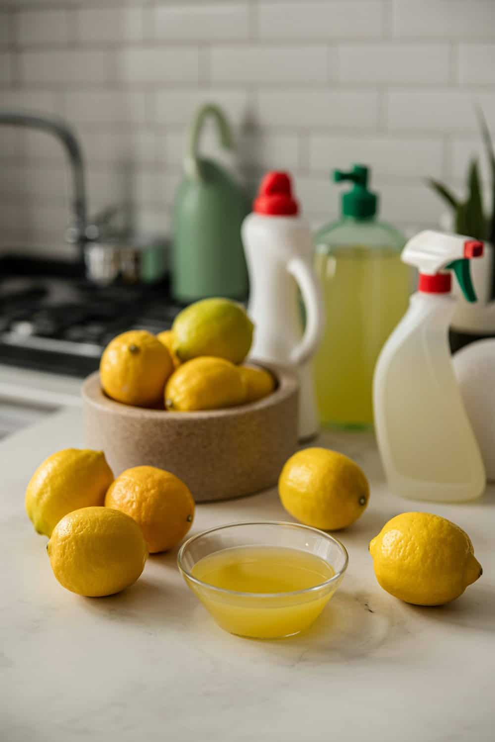 A bowl of lemons and a small dish of lemon juice on a kitchen counter.