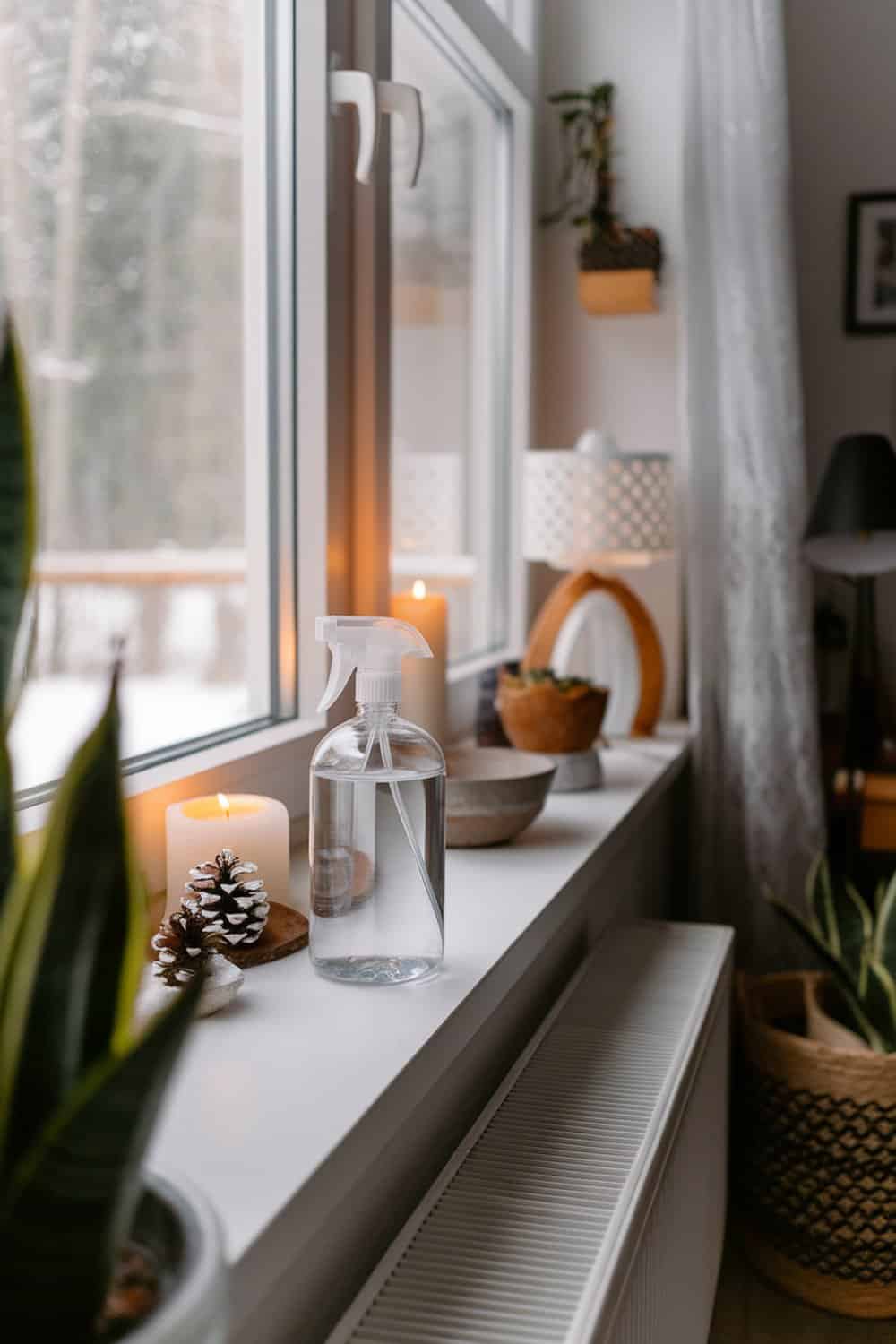 A bottle of glass cleaner on a windowsill with candles and decorative items.