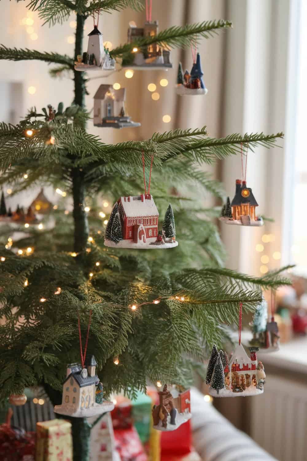 Miniature Christmas village ornaments hanging on a Christmas tree.
