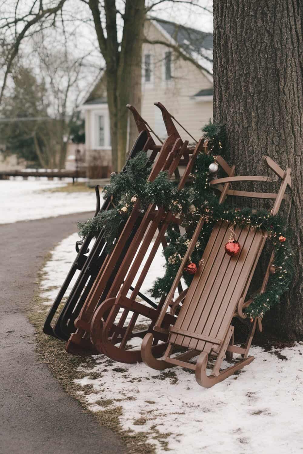 Wooden sleds decorated with greenery and ornaments leaning against a tree in a snowy outdoor setting.