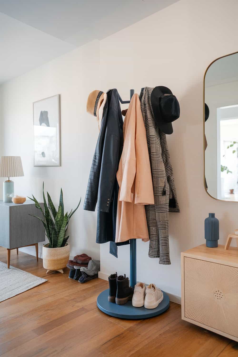 A stylish rotating coat rack with coats and hats in a cozy entryway.