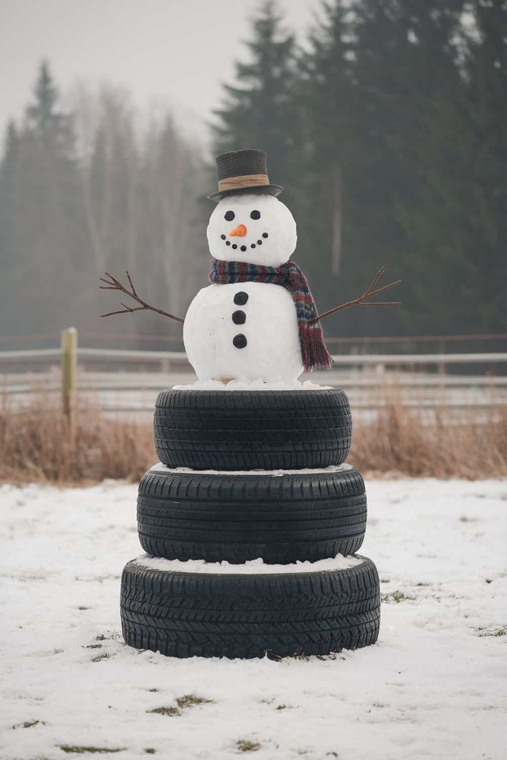 A snowman made of snow on top of stacked old tires, wearing a hat and scarf.