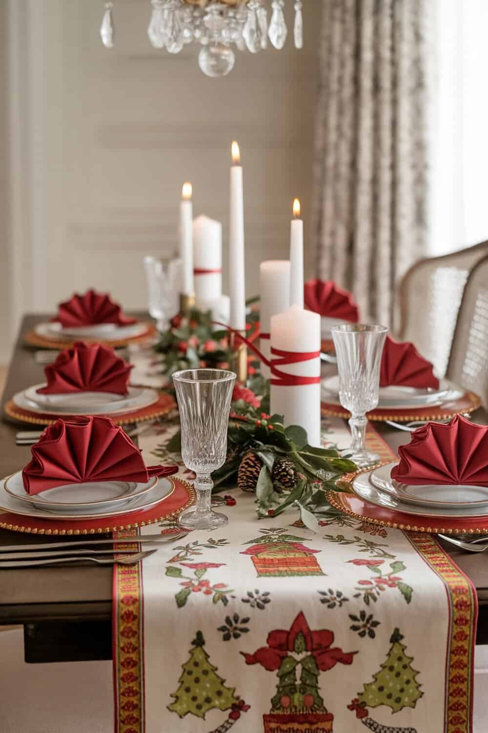 A beautifully decorated Christmas table featuring a festive table runner with holiday motifs, red napkins, candles, and greenery.