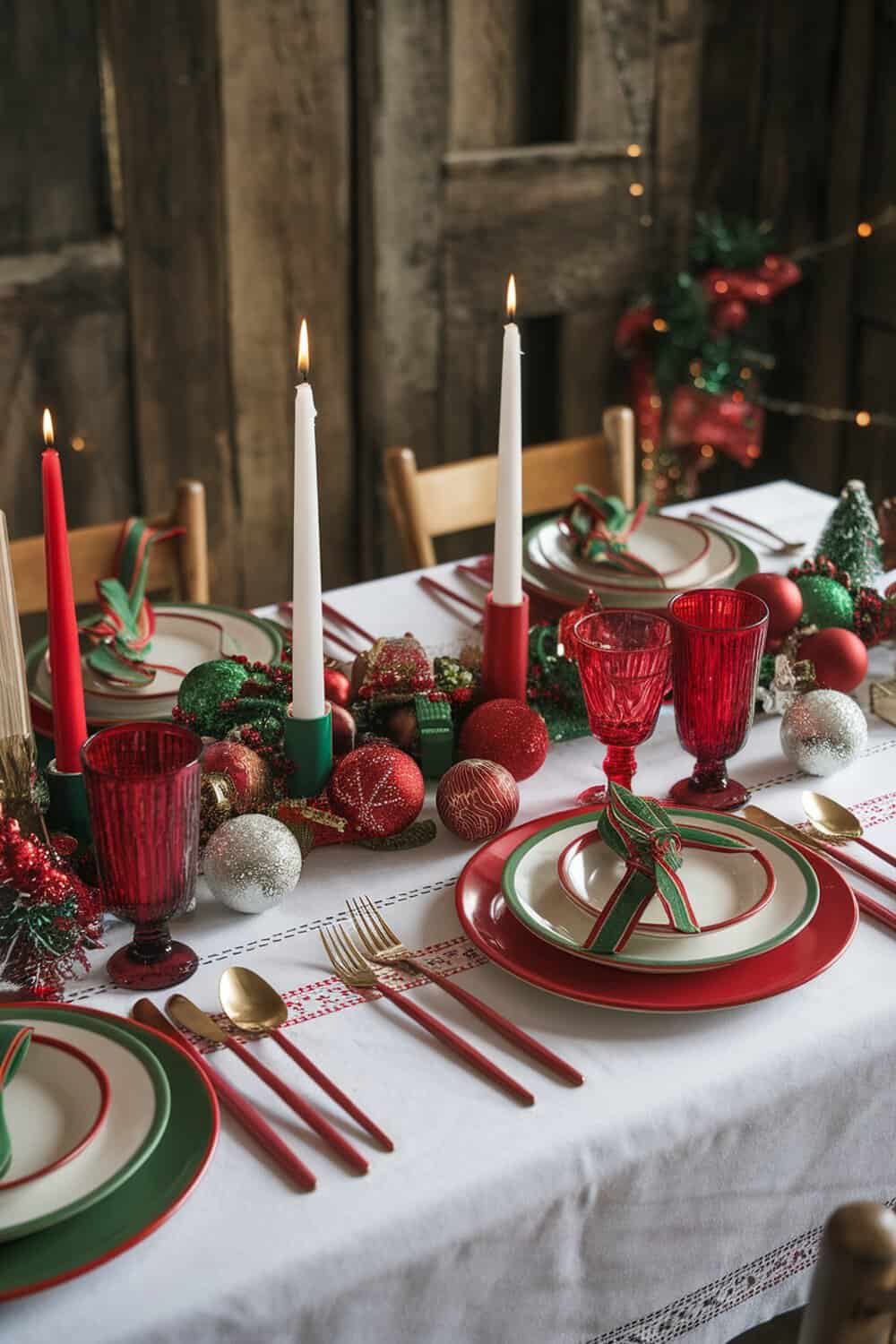 A beautifully decorated Christmas table featuring red and green elements, including candles, plates, and ornaments.