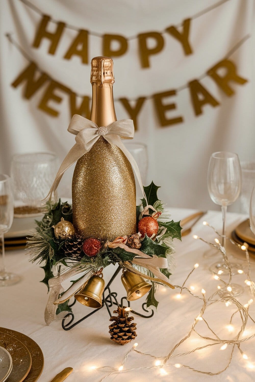 A glittery champagne bottle centerpiece decorated with holiday ornaments and a bow, with a 'Happy New Year' banner in the background.