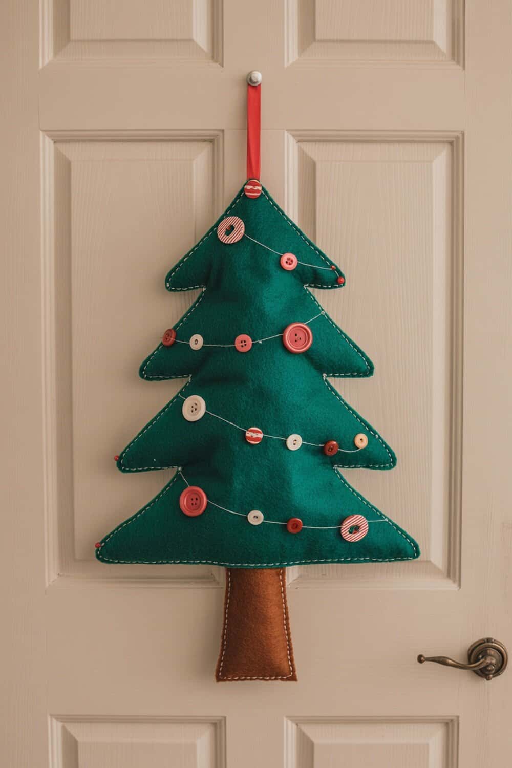 A green felt Christmas tree decoration with buttons, hanging on a door.