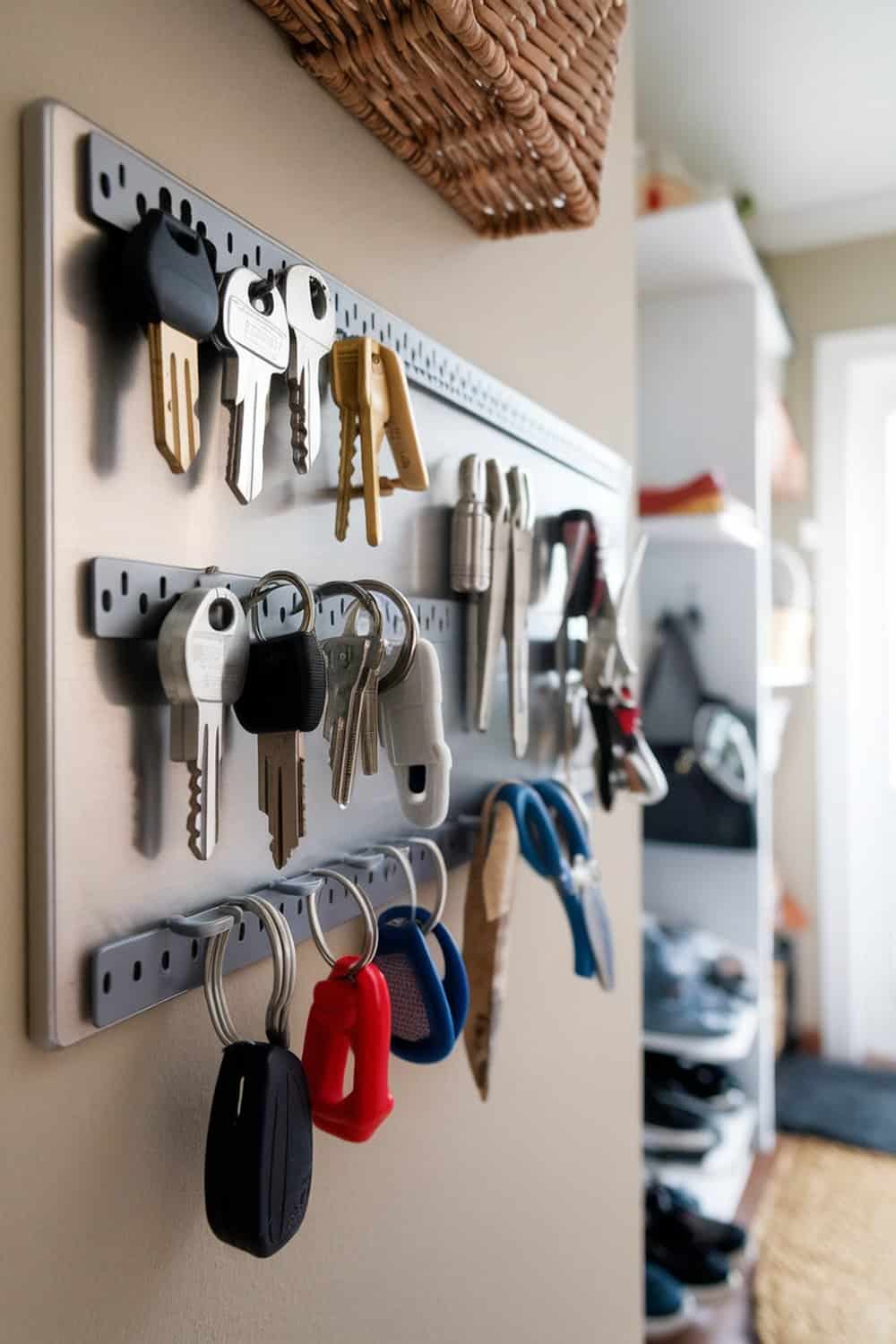 Magnetic strip holding various keys and small metal items in a mudroom.