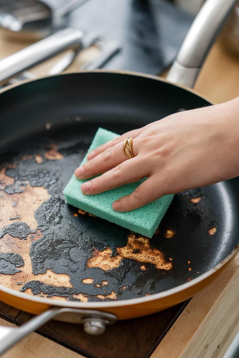 A hand using a non-scratch sponge to clean a burnt pan.