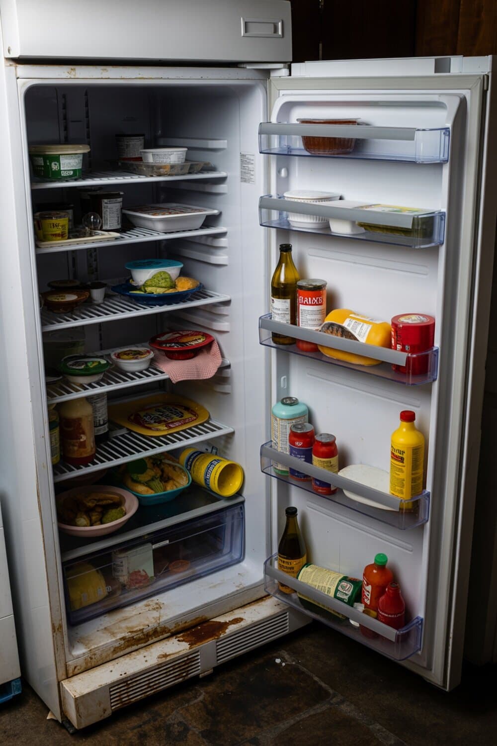 A cluttered refrigerator filled with various food items and spills.