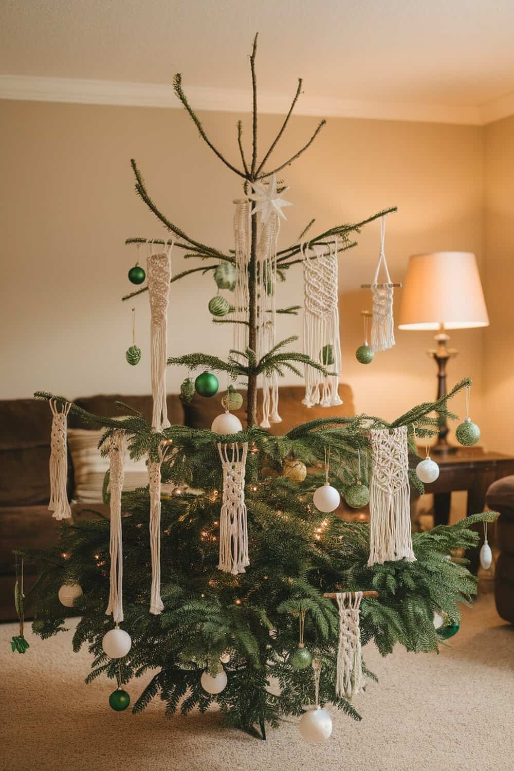 A Christmas tree decorated with macrame ornaments and green and white baubles.