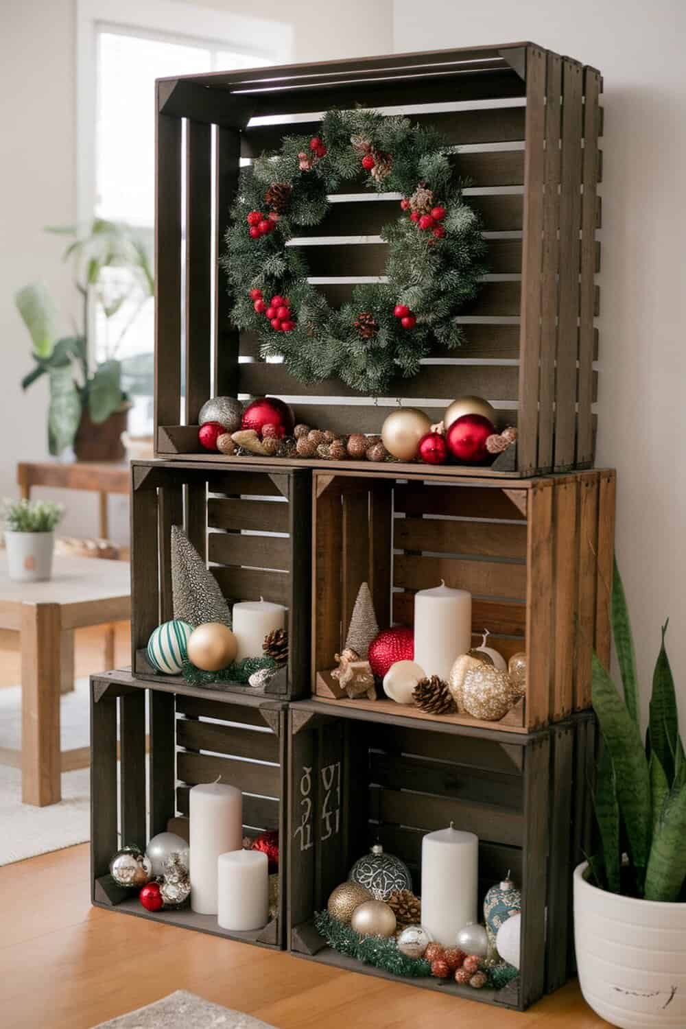 DIY wooden crate storage solution for Christmas decorations.