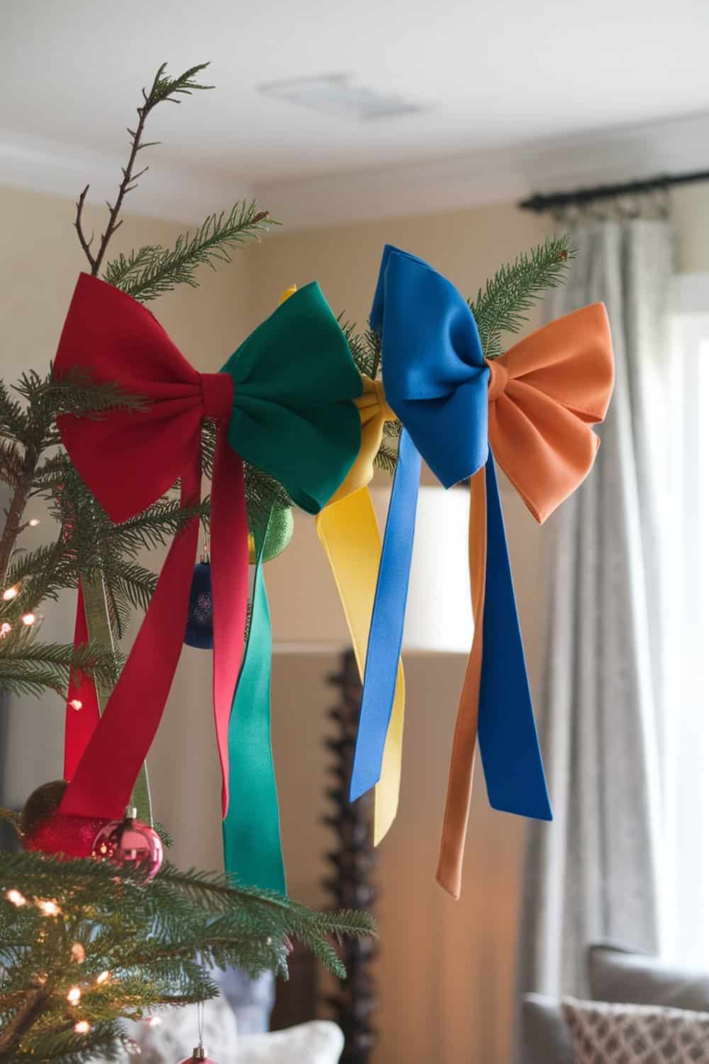 Colorful fabric bows tied on a Christmas tree