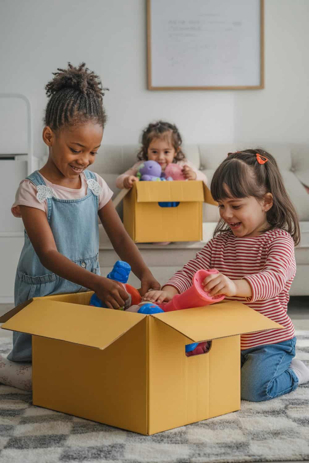 Children happily packing toys into boxes for donation.