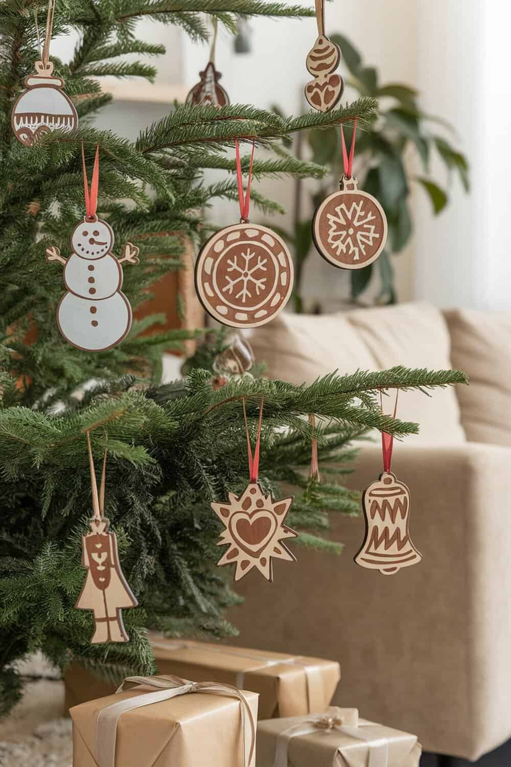 Hand-painted wooden ornaments hanging on a Christmas tree.