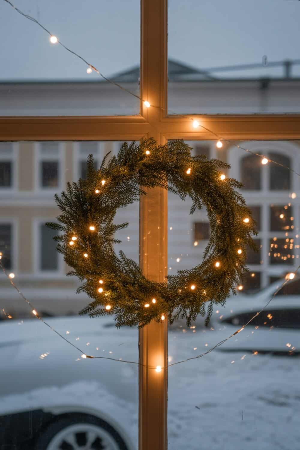 A Christmas wreath decorated with lights hanging in a window.