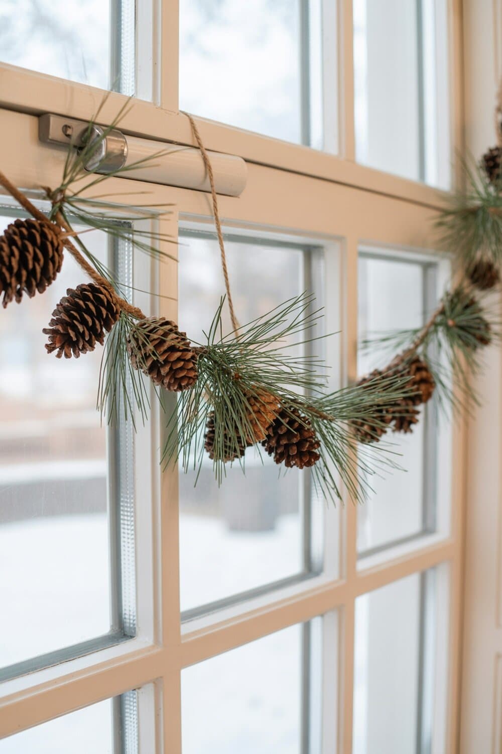 A pinecone garland hanging on a window, decorated with greenery.