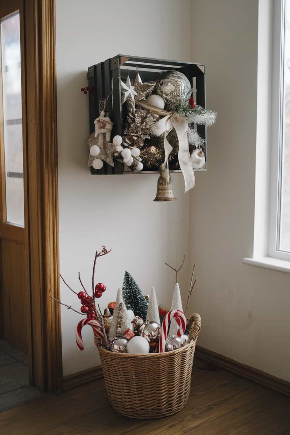 A wooden crate and a woven basket filled with Christmas decorations.