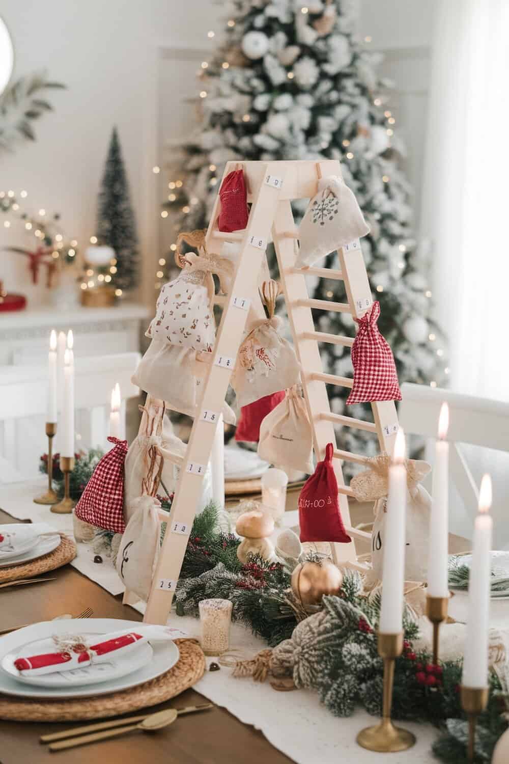 A DIY advent calendar displayed on a wooden ladder, with small bags hanging from it, surrounded by Christmas decorations.