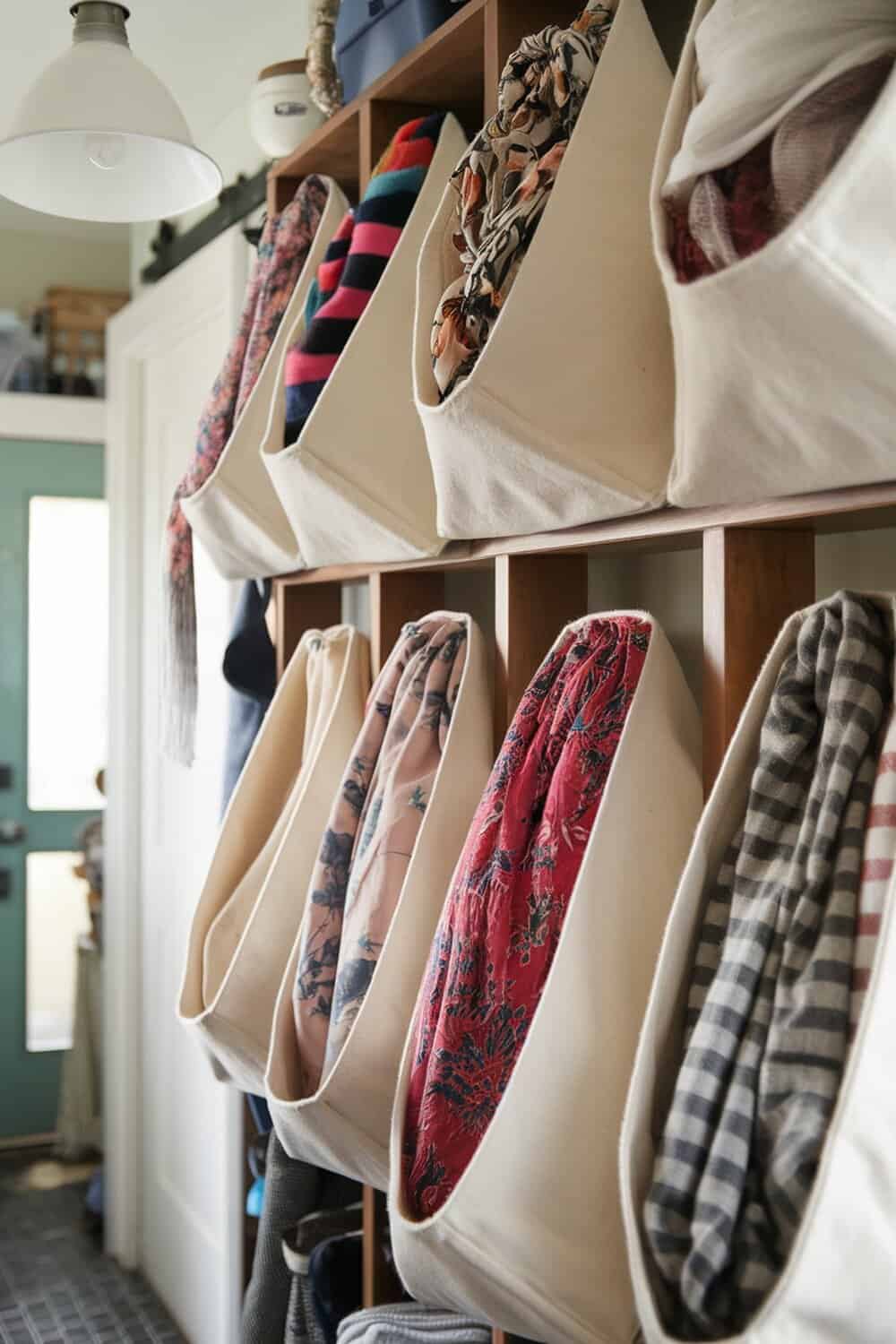 Fabric storage bags hanging on a wooden rack in a mudroom, holding various soft items.