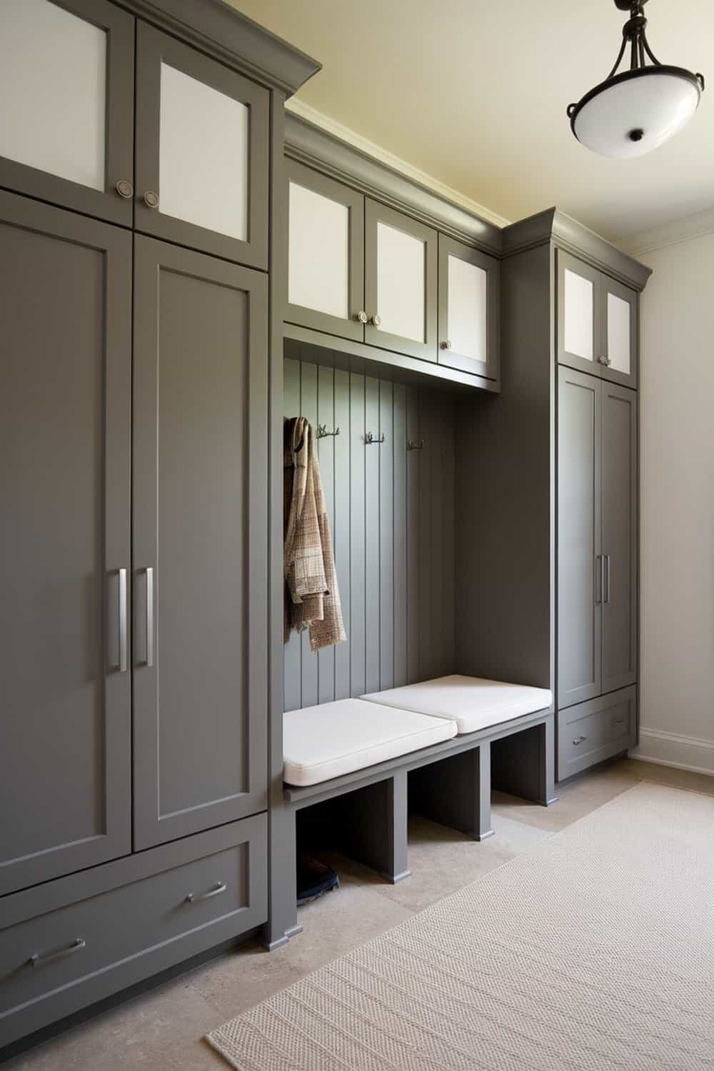Tall cabinets in a mudroom for organized storage.