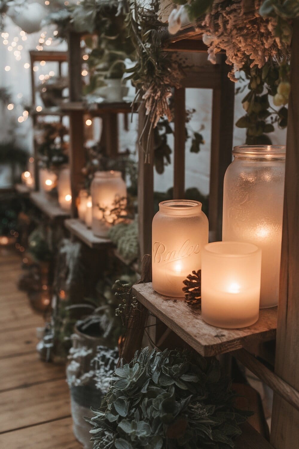 Frosted glass jars with candles and greenery on wooden shelves