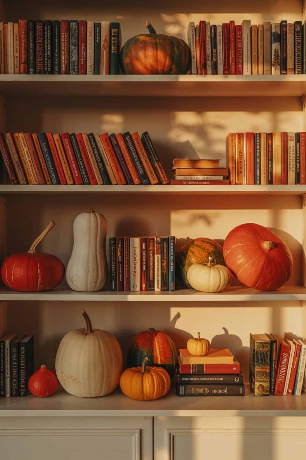 Bookshelves decorated with pumpkins and colorful books for fall.