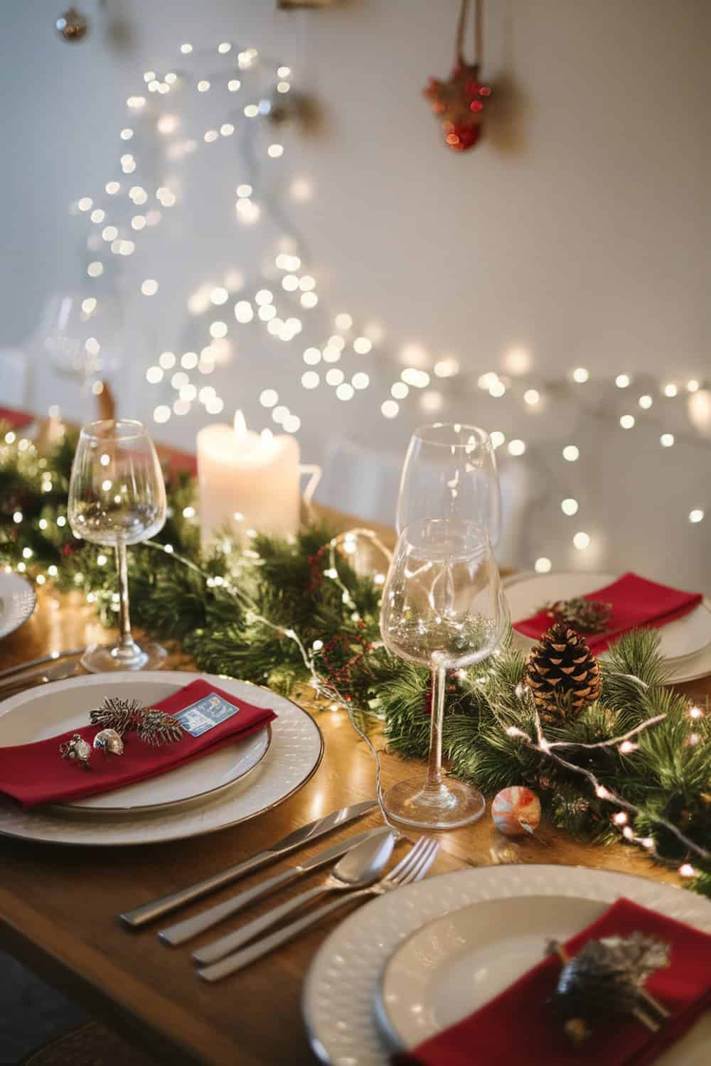 A beautifully decorated Christmas table with fairy lights, greenery, and festive tableware.