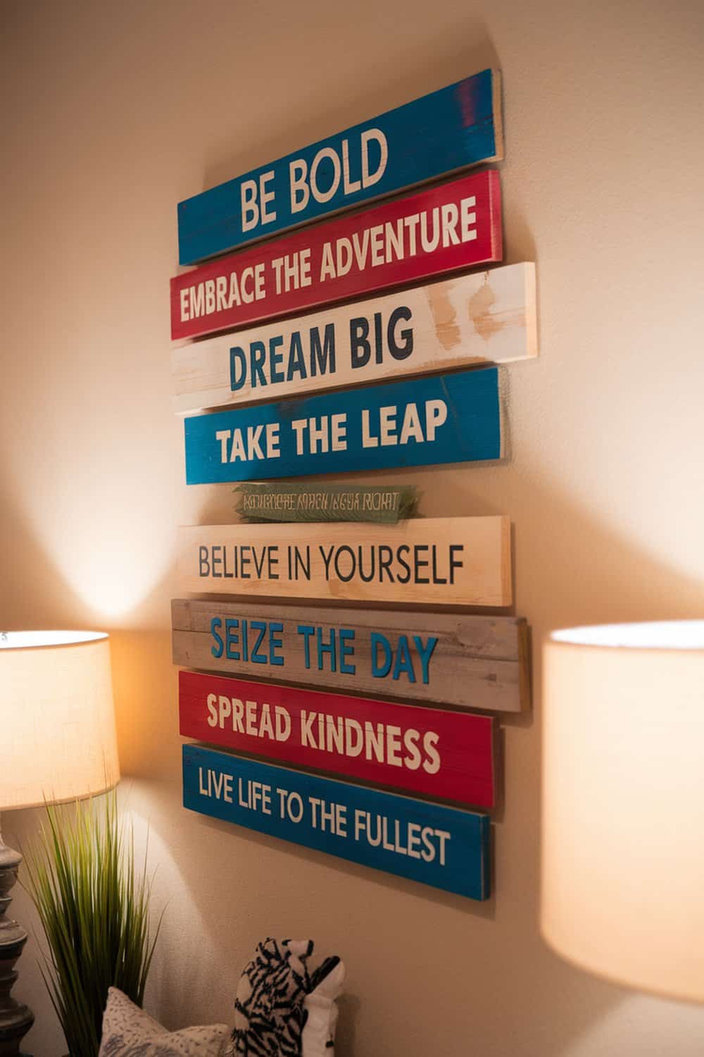 Colorful wooden wall art with motivational phrases.