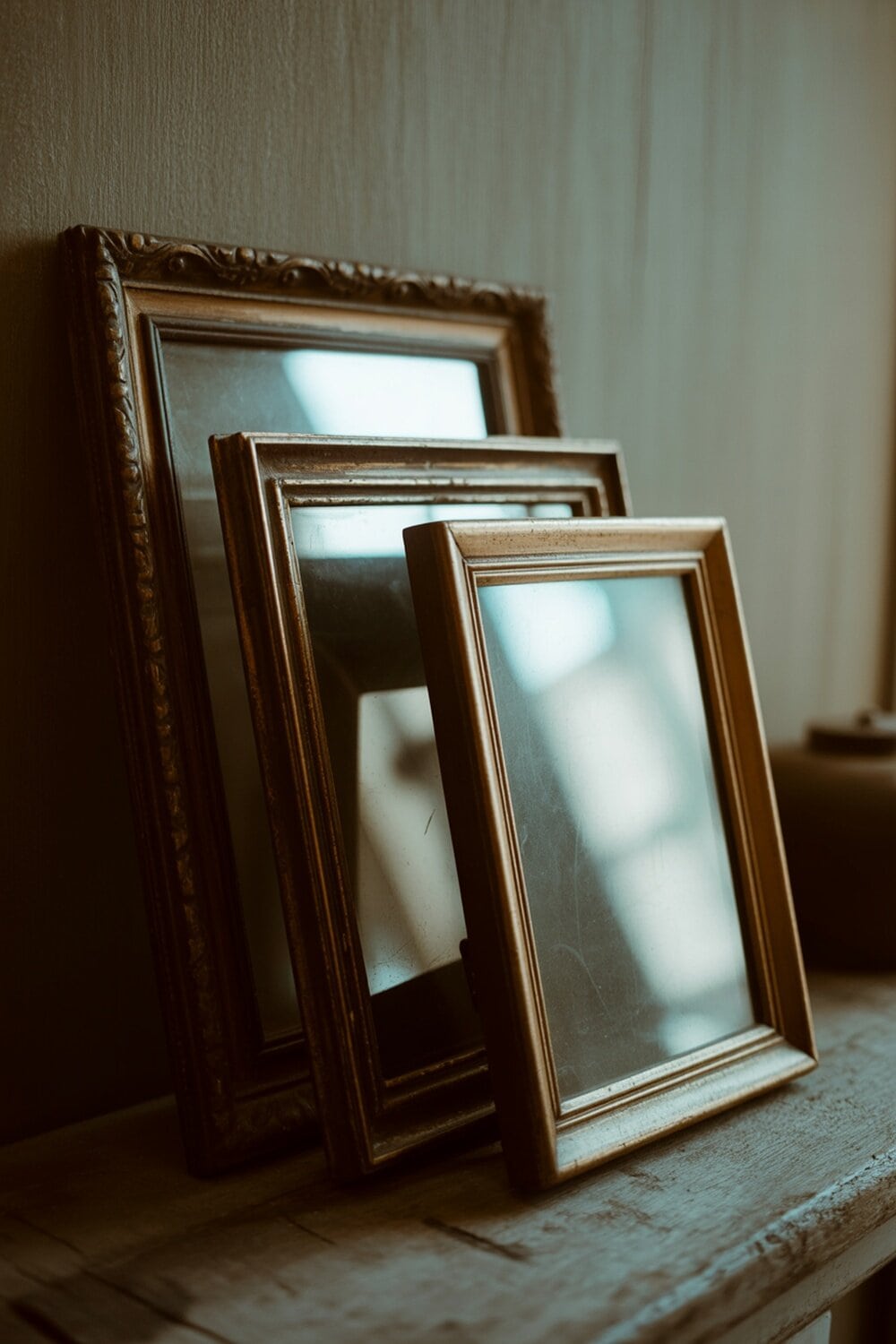A collection of vintage picture frames stacked on a wooden surface.