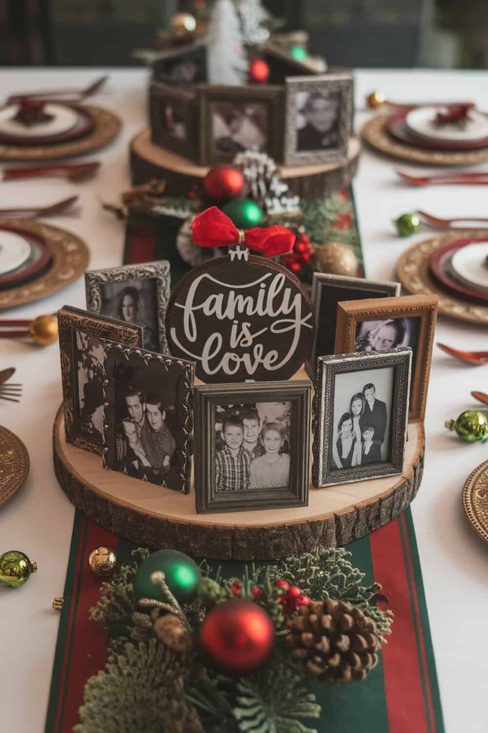 A festive holiday table with family photos displayed on a wooden base, surrounded by Christmas ornaments and greenery.